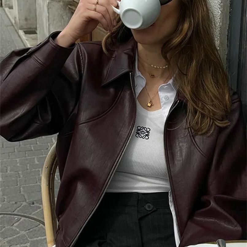 Fashion leather zipper short jacket for womens casual lapel long sleeved patchwork cut jacket autumn womens top street clothing 240824