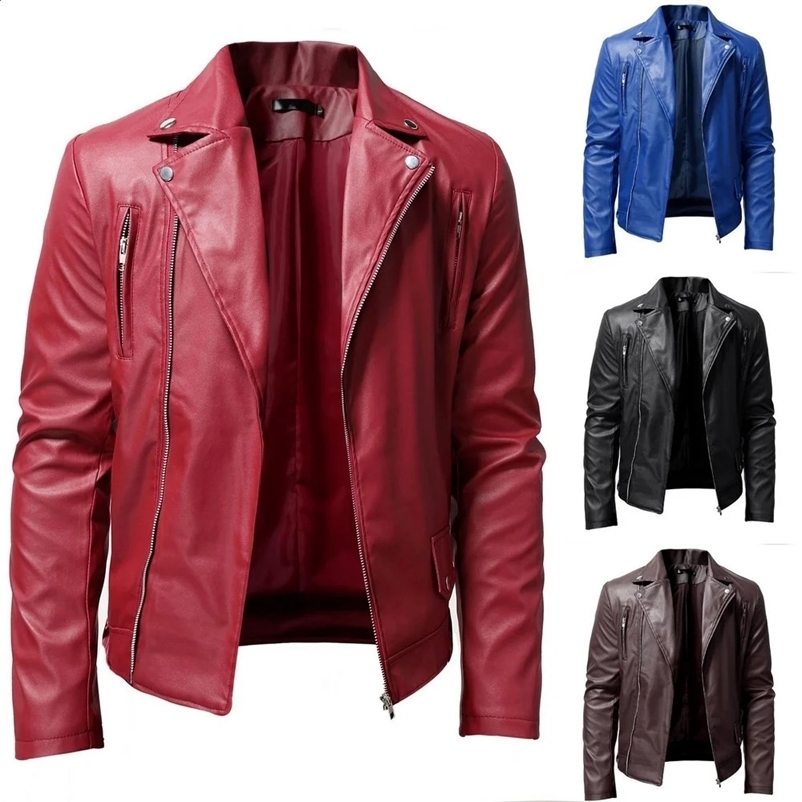 Mens PU leather jacket solid color casual slim zipper long sleeved lapel motorcycle leather jacket mens clothing 240927