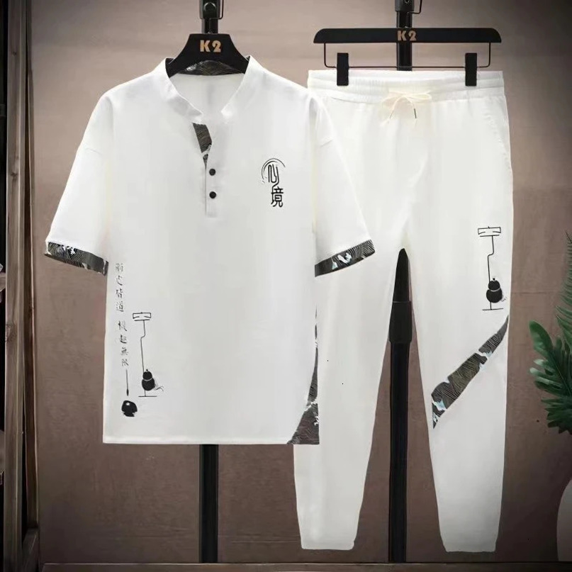 ShirtsPants summer Korean style elastic waist Sportswear Mens Casual Sets Male Fashion trousers and shirt men size M4XL TZ03 240409