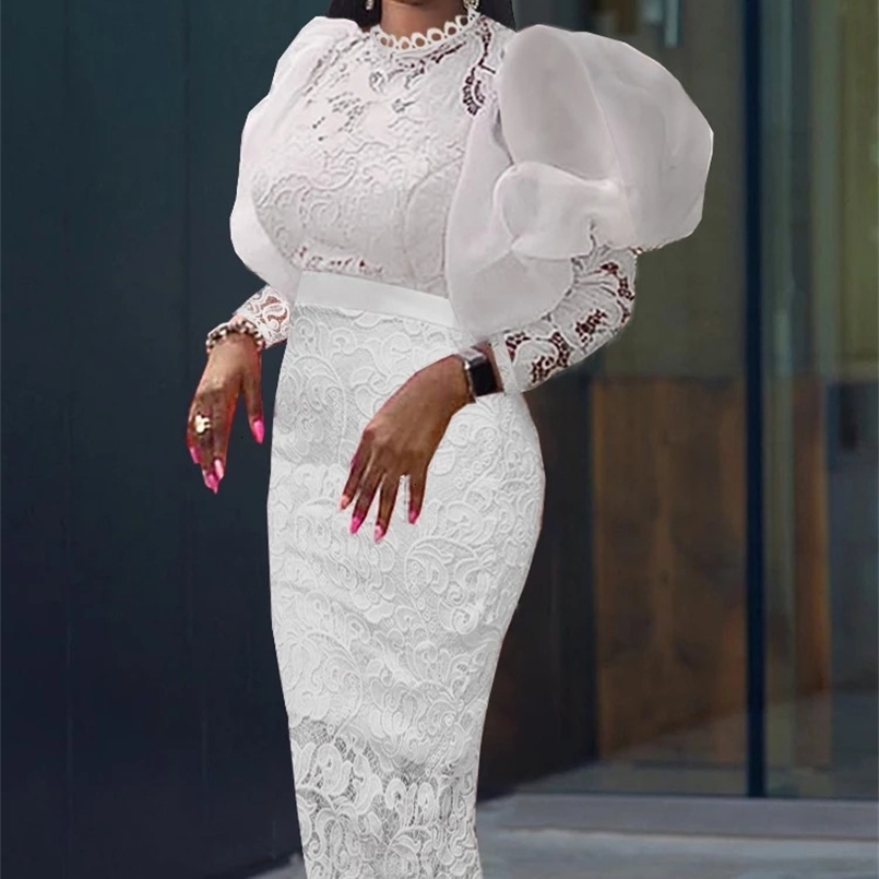 AOMEI Lace Dress Bodycon Women Midi Puffy Long Sleeve Retro Elegant Summer Party Birthday Wedding Bridesmaid Outfits Event Gown 240407