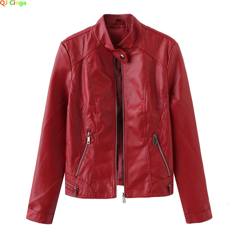 Red Women Casual Leather Jacket Spring / Autumn Womens Outerwear Long Sleeve Zipper Standing Collar PU Coat Black Green Camel 250228