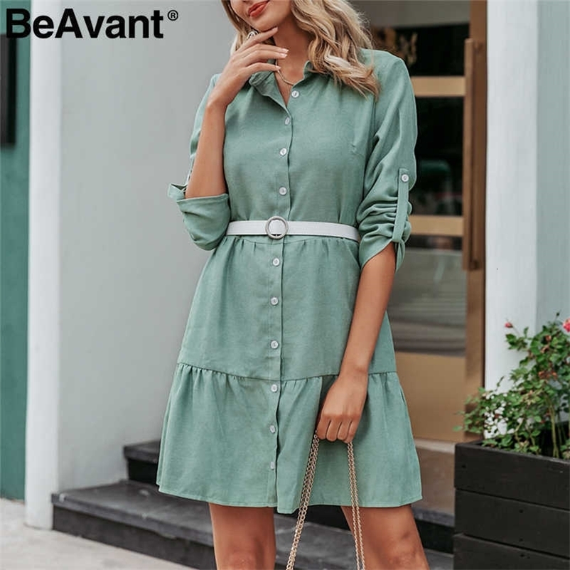 BeAvant Autumn women shirt dress A-line lapel solid female casual blouse dress Winter long sleeve office ladies chic short dress 210709