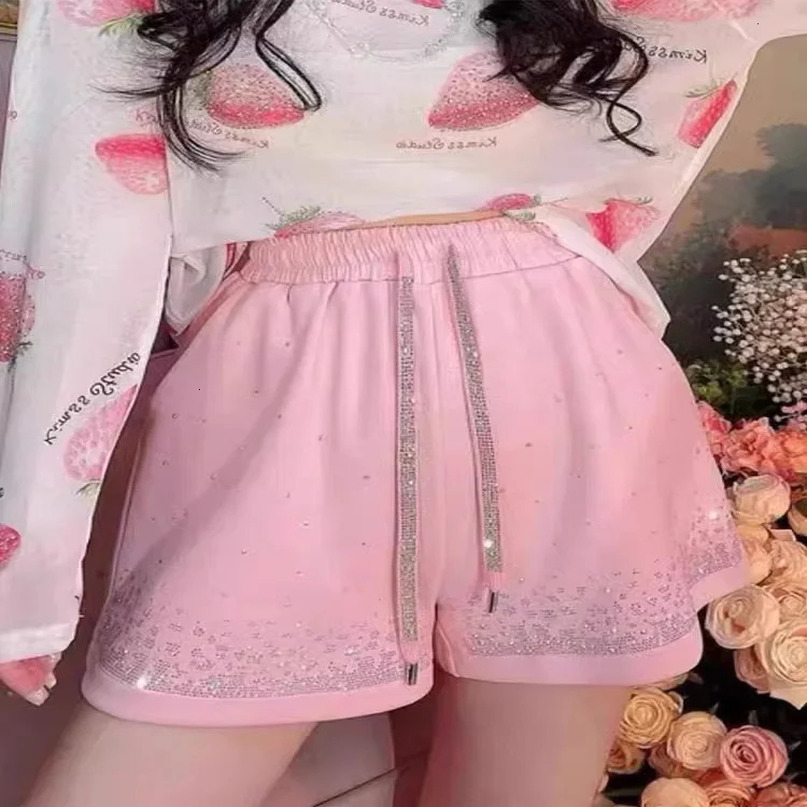 Plus Size Y2k Pink Shine Rhinestone Womens Shorts 150KG XL4XL Summer Cool Highwaist Short Sweet Lady Sport 240428