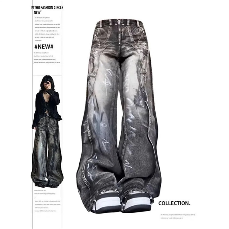 Womens Black Gothic Jeans Harajuku Y2k 90s Fashion Bag Denim Trouser Korean Punk Jeans Retro 2000s Garbage Clothing 250422