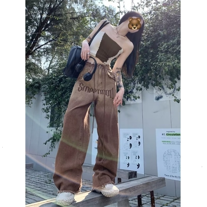 Women's Jeans Streetwear Vintage Jeans High Waisted Brown Y2k Fashion Printing Raw Edge Trouser For Womens Summer Korean Style Denim Long Pant