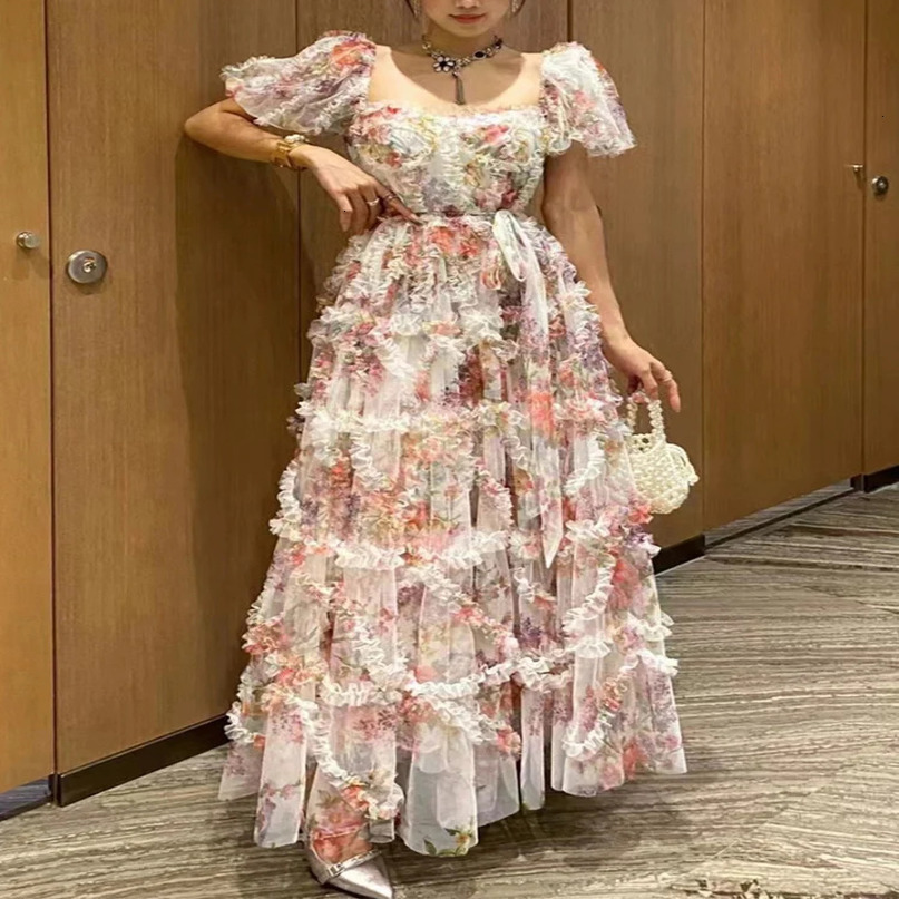 Retro fashion banquet dress skirt spring and summer womens short sleeve gauze printing big swing high waist 240615
