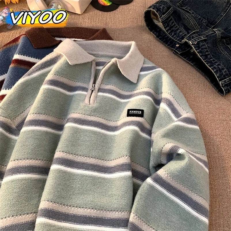 Japan Mens Y2K Knitted Warm Polo Knit Striped Turtleneck Sweater Shirts Winter Streetwear Knitwear Korean Clothes Jumper Men 240913