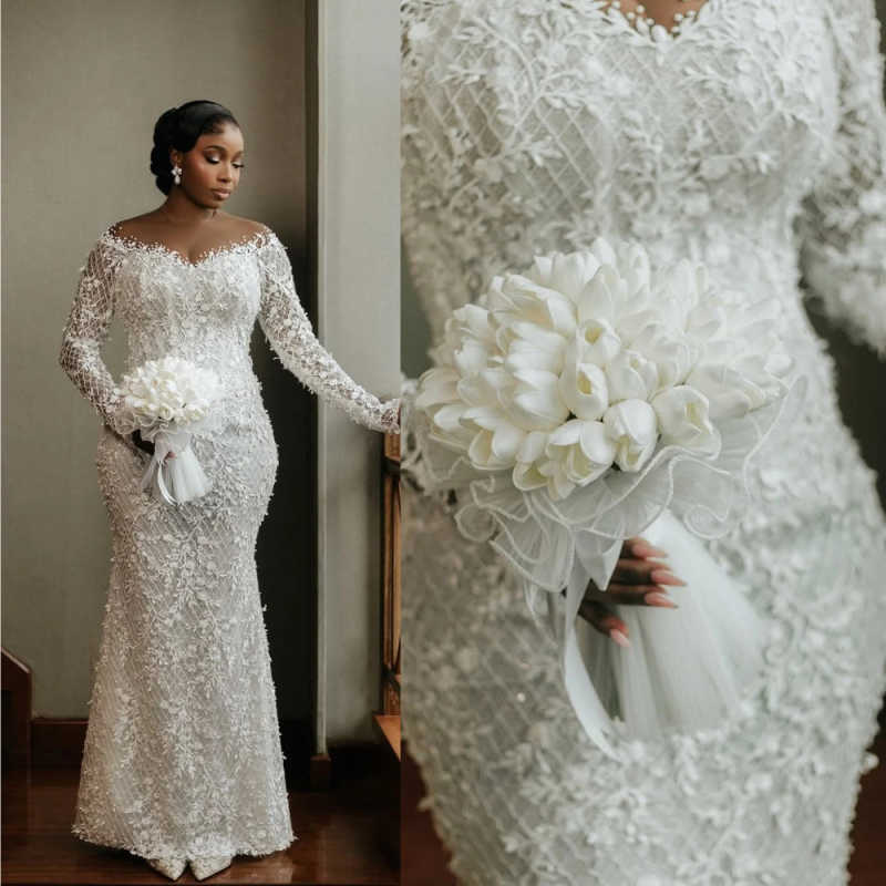 Graceful Off The Shoulder Wedding Dress Sequined Beads Long Sleeves Applique Mermaid Bridal Gown Customized Bridal Dress Vestidos De Novia