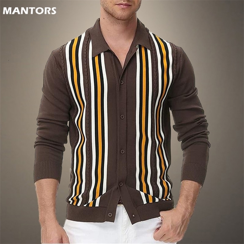 Men's Casual Shirts Vintage Striped Shirt Men Long Sleeve Blouse Business Men's Polo Shirts Spring Autumn Casual Knit Men Shirt Buttons Sh