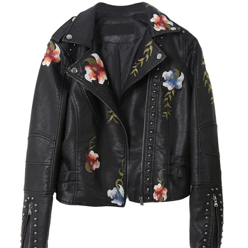 Fashion Embroidered rivet PU Jackets Women Y2k Hip Hop Crop Tops Motor Jacket Leather Jacket Vintage Coat Winter Woman Jacket 240625