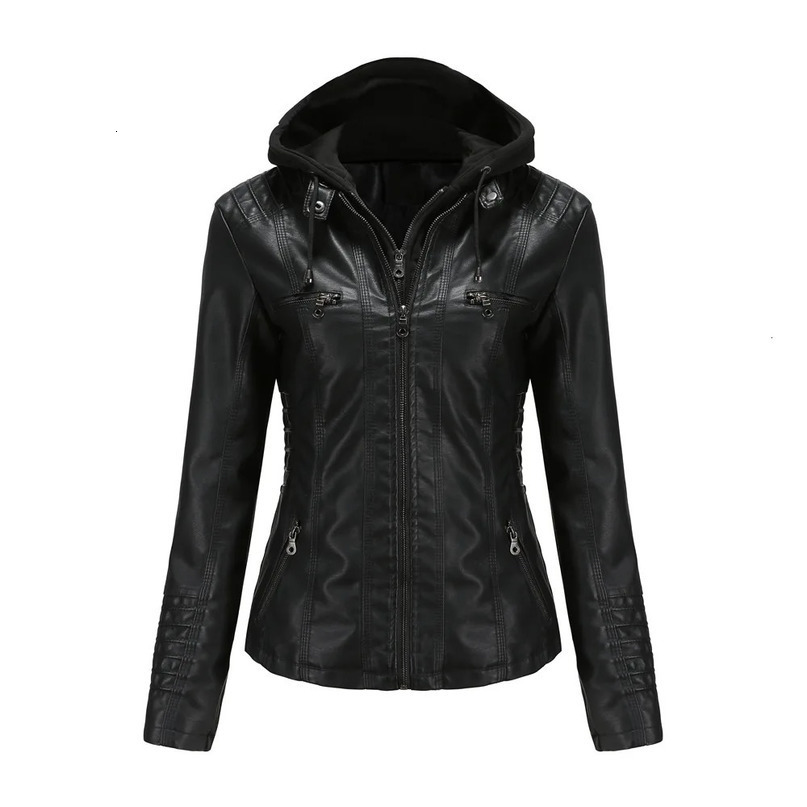 Autumn Winter Women Leather Jacket Hooded Removable PU Leather Jackets Motorcycle Long Sleeve Zipper Coat Black Outerwear XS-7XL 250213