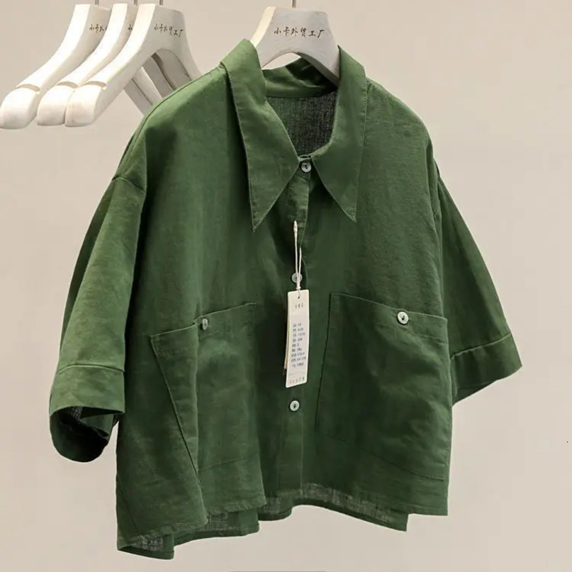 Retro Short Style Temperament Sleeve Cotton Shirt Womens Summer Versatile Loose Top 240328