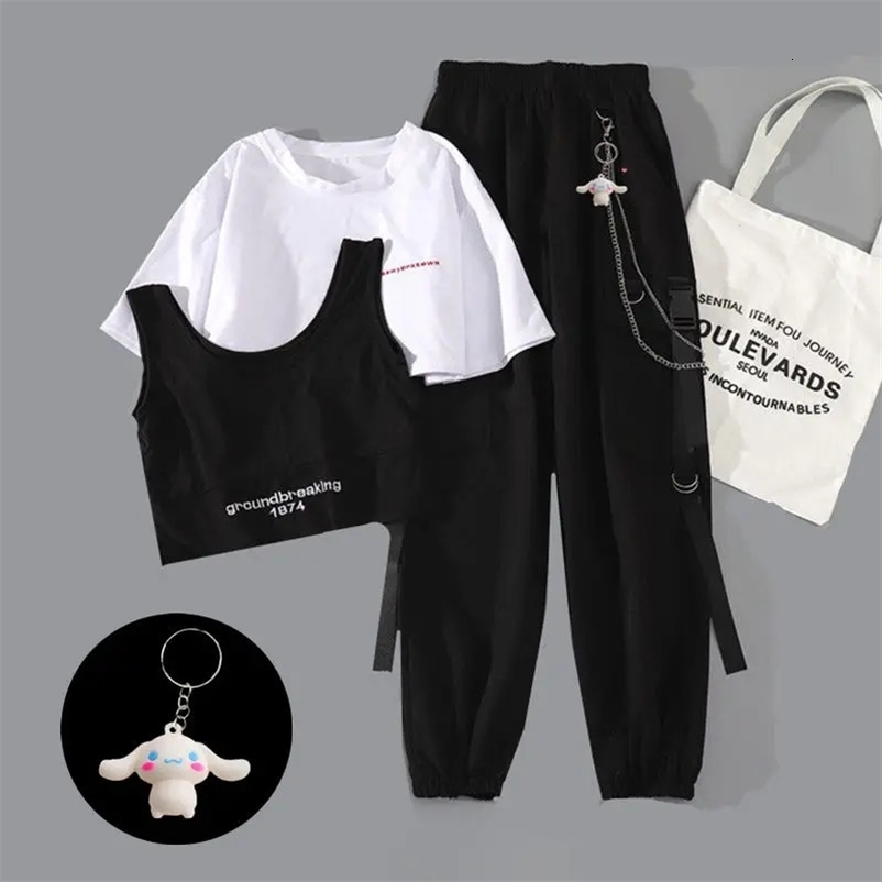 Cargo Pants Suit Womens Sets Summer Korean Harajuku Student Cool Handsome Ribbon Pants Loose 2 Piece Short Sleeve Shirts Tops 240423