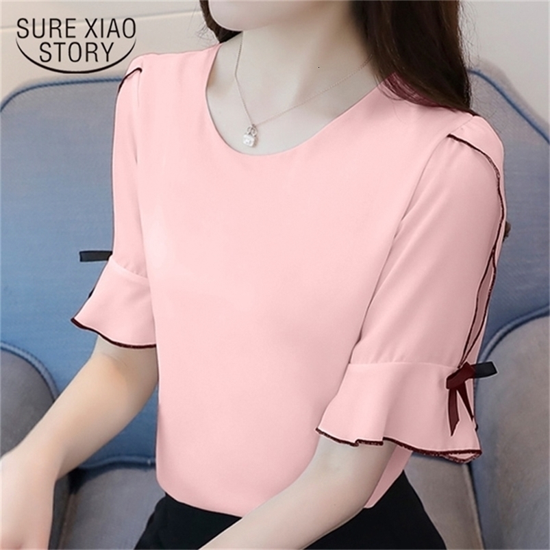 summer fashion chiffon women's clothing short sleeve o-neck women shirt blouse bow sweet white tops blusas D716 30 210506