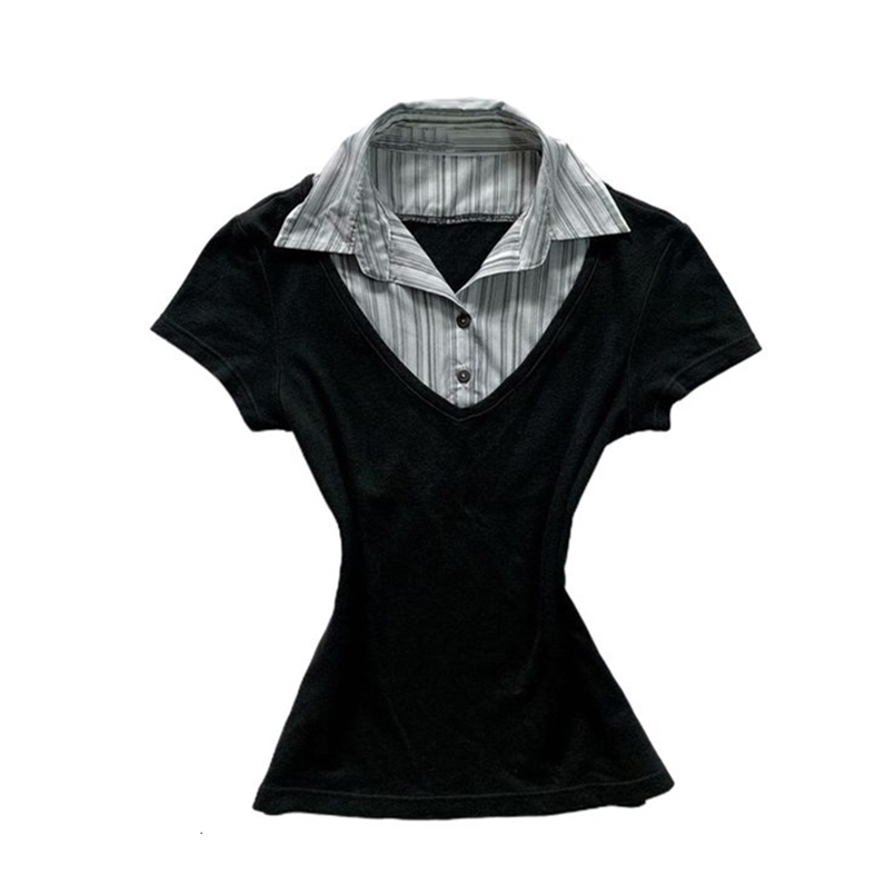 Summer Fashion Button Lapel Women Clothes Streak Print Aesthetics Gothic Hip Hop Y2k Short Sleeve T-shirt Slim Casual Streetwear 250427