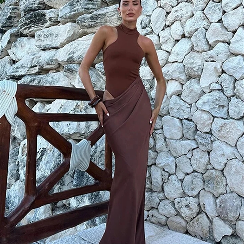 Sexy Solid Hollow Out Slim Maxi Dress Women Elegant Half High Collar Sleeveless Robes Chic Female Evening Party Club Vestidos 240823