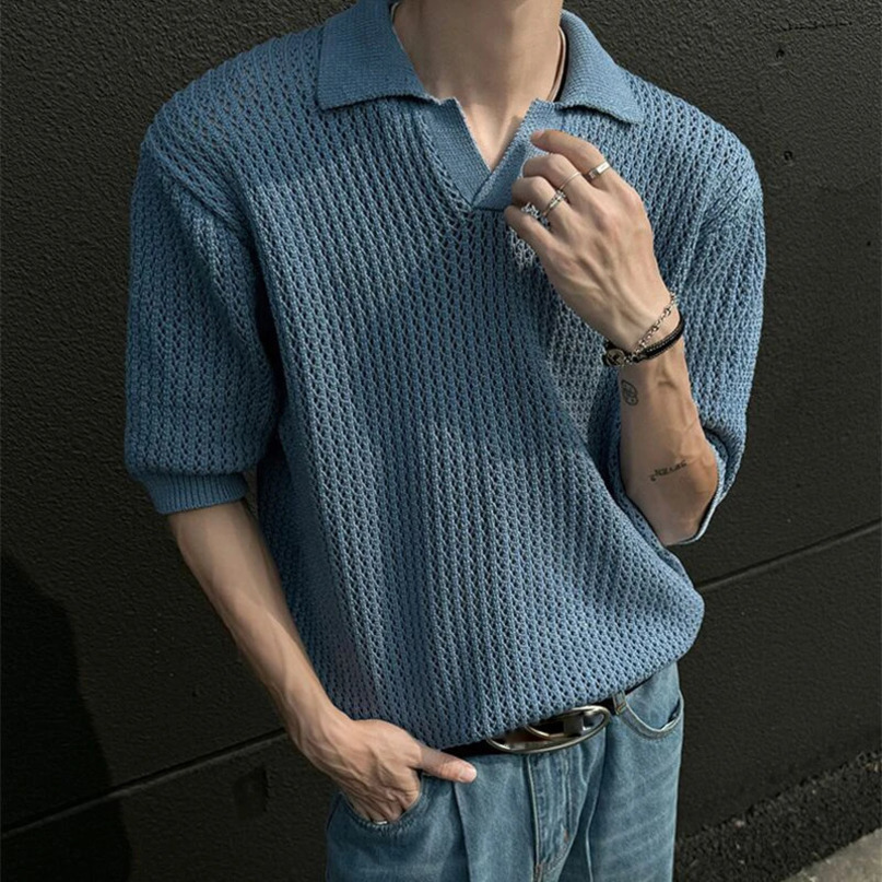 Streetwear Vintage Solid Color Knit Tops Men Casual Breathable Short Sleeve Polo Collar Shirt Mens Fashion Knitting Pullover Tee 240529