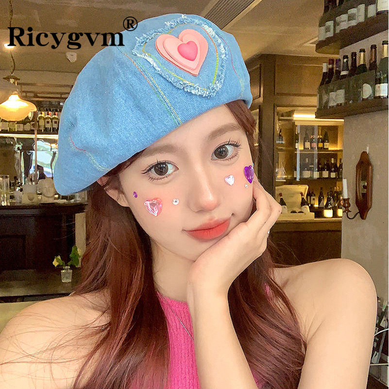 Berets RICYGVM Y2K Love Women Beret Kpop Egirl Heart Octagonal Cap Vintage Demin Blue Artist Painter Hat Aesthetic Korean Cowboy Beanie 230925