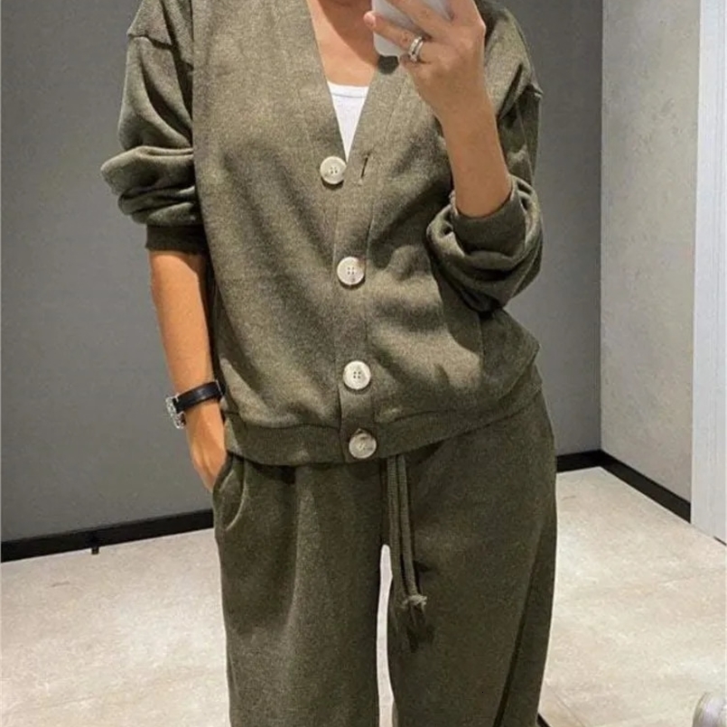 Autumn Winter Womens Clothing Fashion Single Breasted Casual Sports Suit Cardigan Top Lace Up Pants Two-piece Set Women 240828
