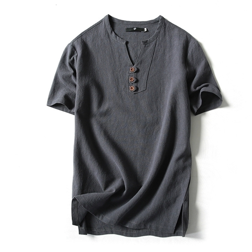 Men T Shirt Summer Cotton Tshirts Casual Short Sleeve Chinese Style Vintage V Neck Tees Plus Size Oversize Black White Tops 210707