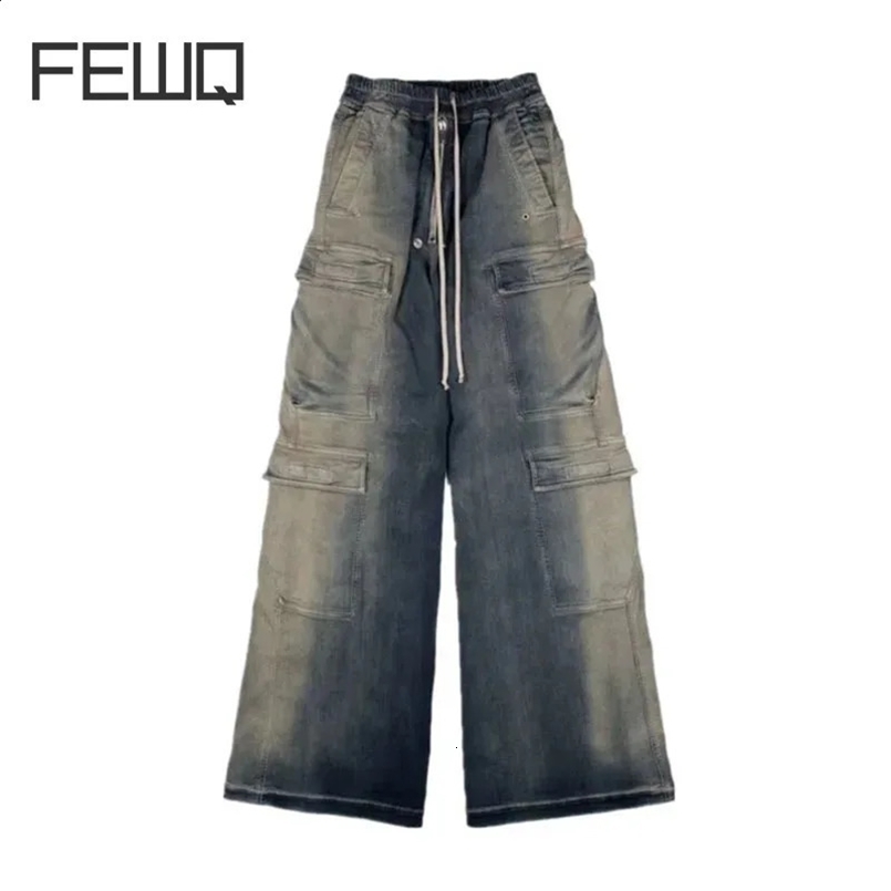 FEWQ Wide Leg Washed Blue Jeans Gradient Mens Cargo Pants Vintage Wide Leg Male Trousers Korea Fashion 24E1266 240823