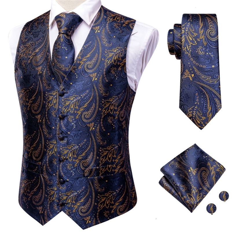 Men's Vests Hi-Tie Navy Paisley 100% Silk Dress Vest Set For Men Dark Blue Jacquard Men's Suit Vest Male Waistcoat For Wedding Formal Jack