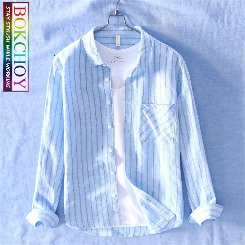 New Autumn and Summer Men's Striped Shirts Long Sleeve Breathable Comfortable Linen Shirt