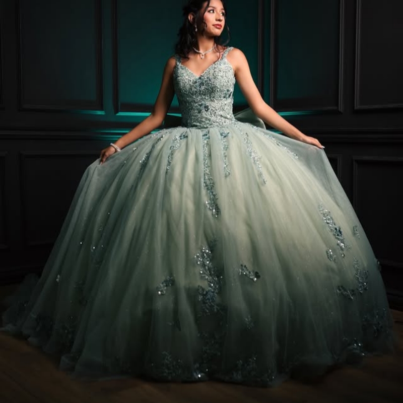 Green Shiny Quinceanera Dresses Off The Shoulder Applique Lace Beading Crystal Bow Tull Party Birthday Sweet 16 Dress Vestidos 15 De Anos