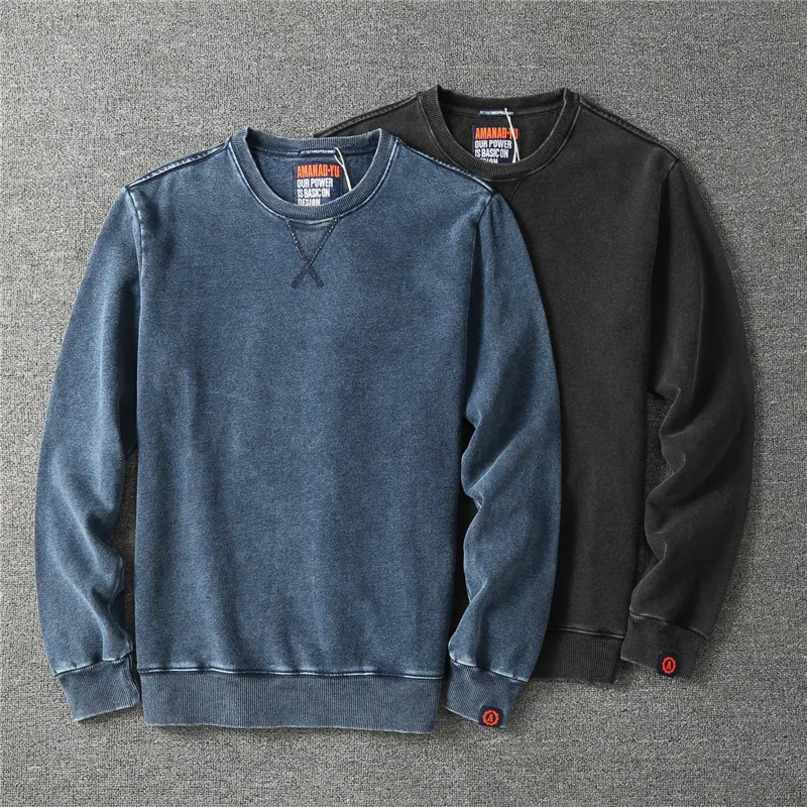 Mens Hoodies Sweatshirts Autumn American Retro Denim Knitted Simple 100% Cotton Heavy Washed Old Casual Youth Pullover Sportwear 231018
