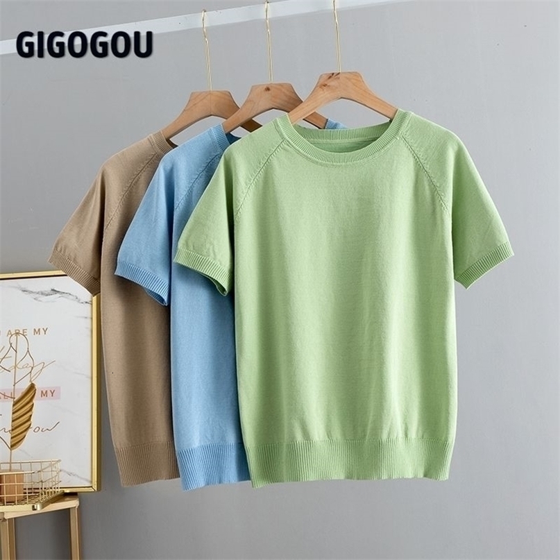 GIGOGOU Solid Women TShirt Short Sleeve Korean Style Slim Basic Cotton Tshirt Top Womens Clothing Spring Summer T Shirt Femme 210322