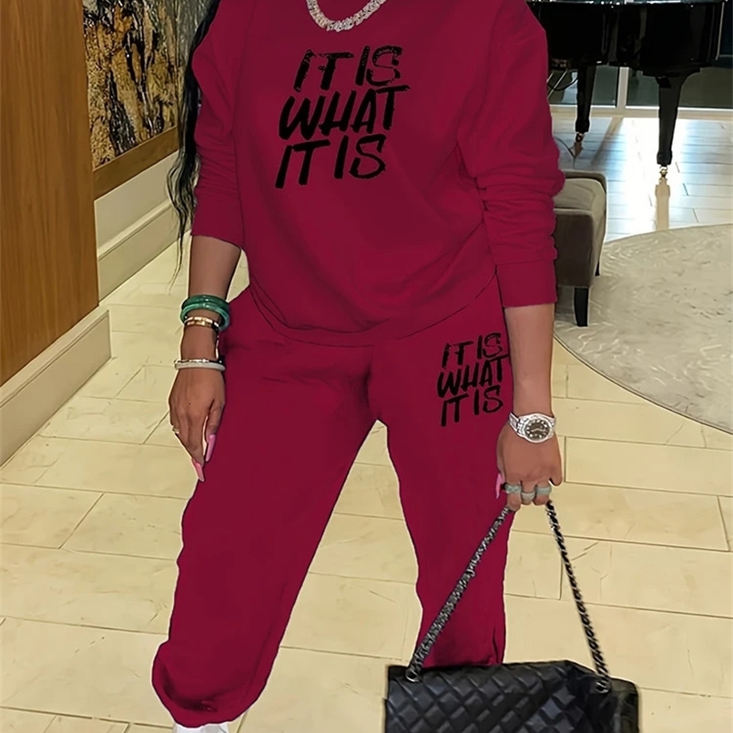 Plus Size Casual Sports Hoodie Two-Piece Set Loose Long Sleeve T Shirt Letter Pants for Women 240823