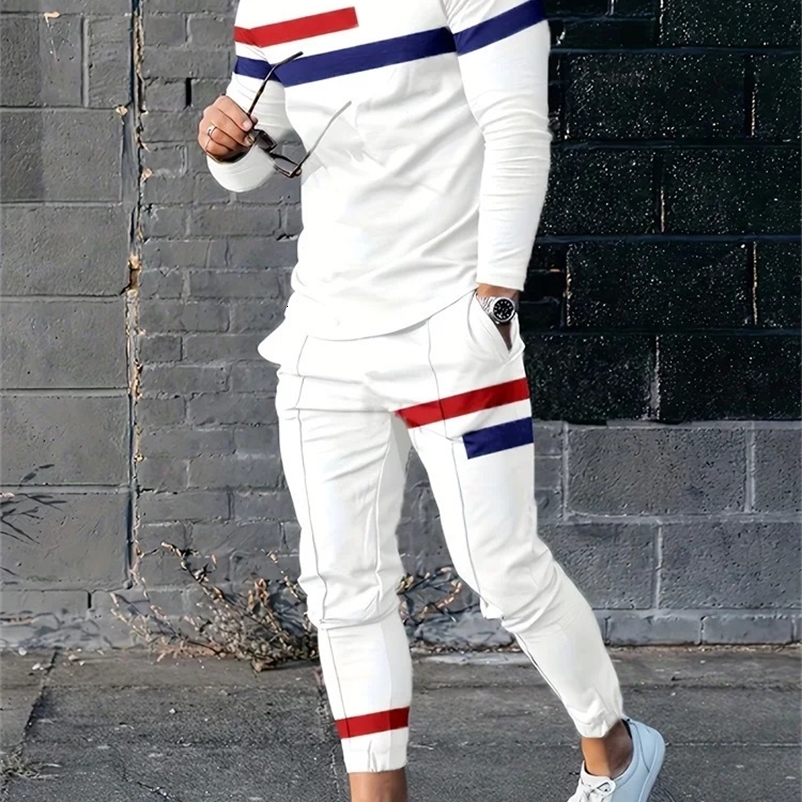 Spring And Fall Mens Long Sleeve Pant Sets Red And Blue Striped Printed Mens Set Everyday Fashion Mens Long Sleeve T-shirt 241217
