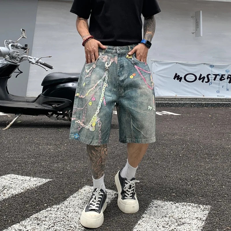 Y2k Denim Shorts Mens Summer American Street Loose Straight Leg Five Quarter Pants Washed Graffiti Printed Wide Leg Shorts 250922