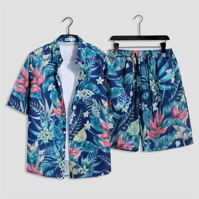 Mens Fashion Print Sets Short Sleeve ShirtShorts 2Pcs Suit Loose Summer Casual Beachwear Male Vacation Hawaiian Outfits 240529
