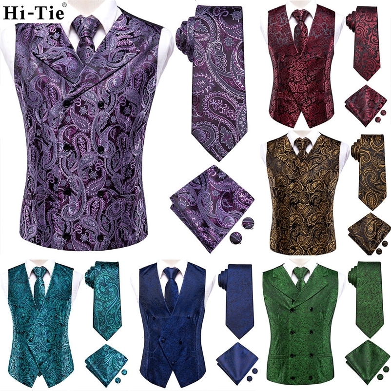 Men's Vests Hi-Tie Burgundy Purple Paisley Silk Mens Slim Waistcoat Necktie Set For Suit Dress Wedding 4PCS Vest Necktie Hanky Cufflink Set 230