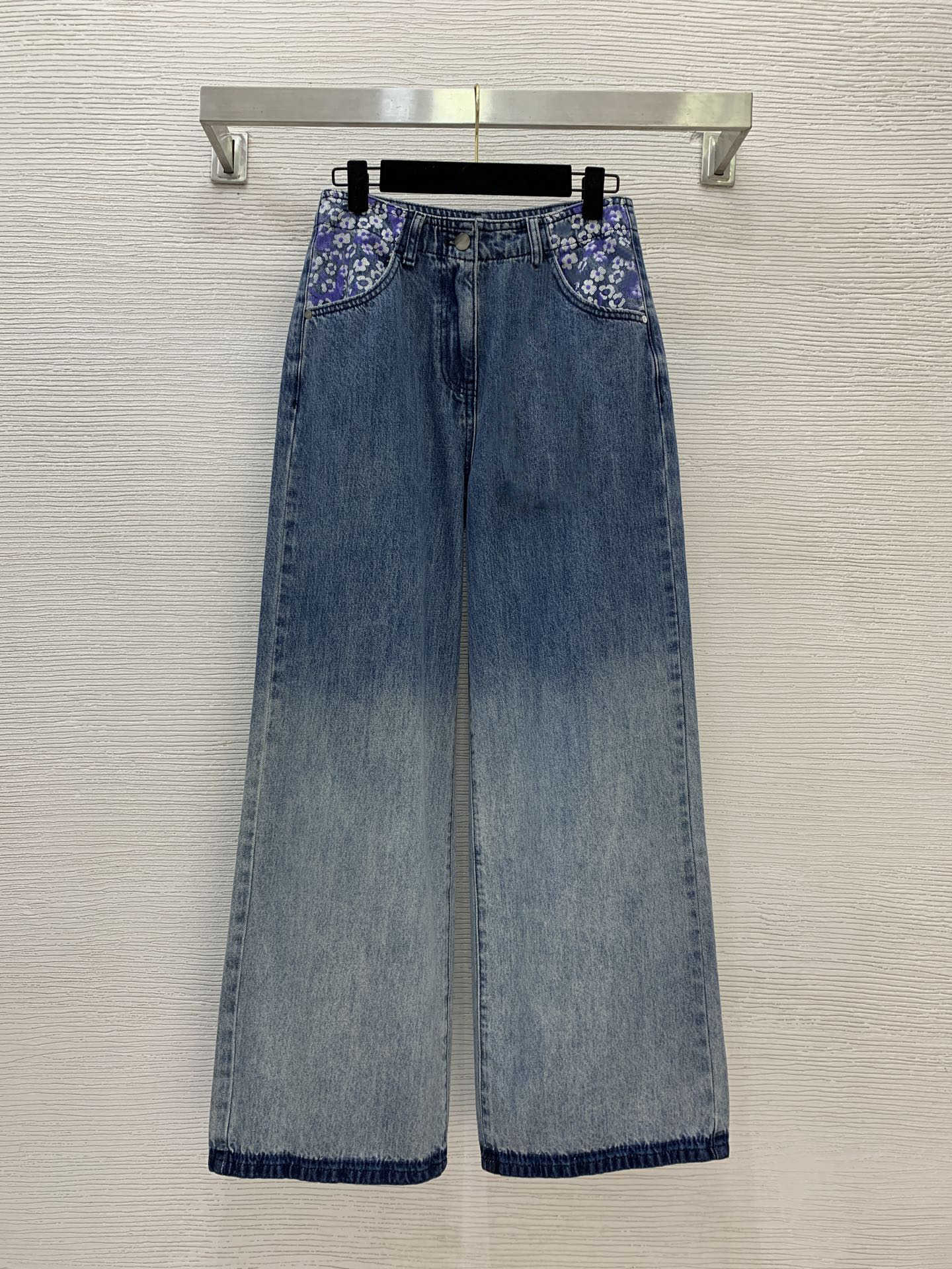 Purple floral print jeans womens designer Patchwork gradient-coloured denim trousers casual fashion versatile wide-leg jean