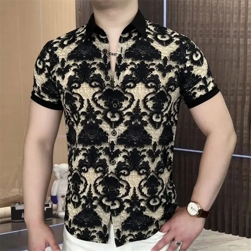 Mens Ice Silk Casual Floral Shirt Summer High-end Ice Silk Short Sleeved Floral Shirt Fashion Trend Casual Short Sleeved Shirt 250207