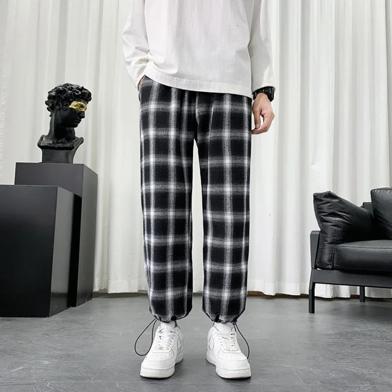 Mens Plaid Pants Summer Cotton Casual Losse Hip Hop Baggy Sweatpants Fashion Streetwear Korean Style Harem 240411