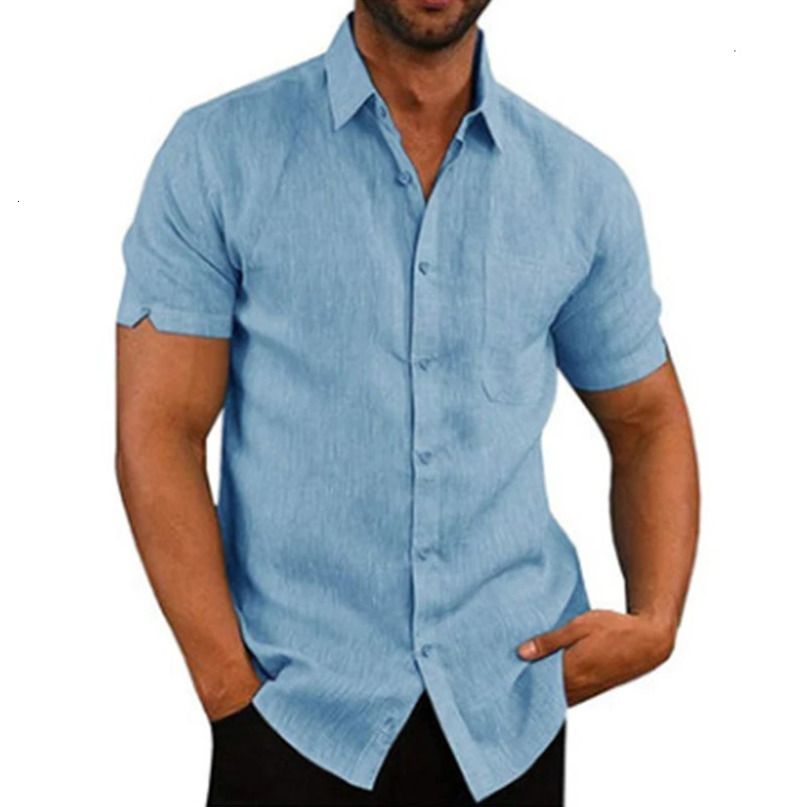 Cotton Linen Mens ShortSleeved Shirts Summer Solid Color Turndown collar Casual Beach Style Plus Size 240531