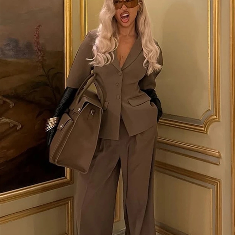 Fashion short sleeved sports jacket long pants set womens spring item single corset jacket wide leg mens 2-piece set 250317