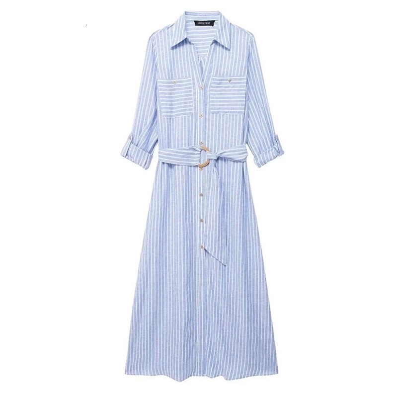 TRAF Womens Stripe Dress Fashion Summer A linen-blend Midi Shirt Dresses for Women Casual Chic Ladies Dress 240722