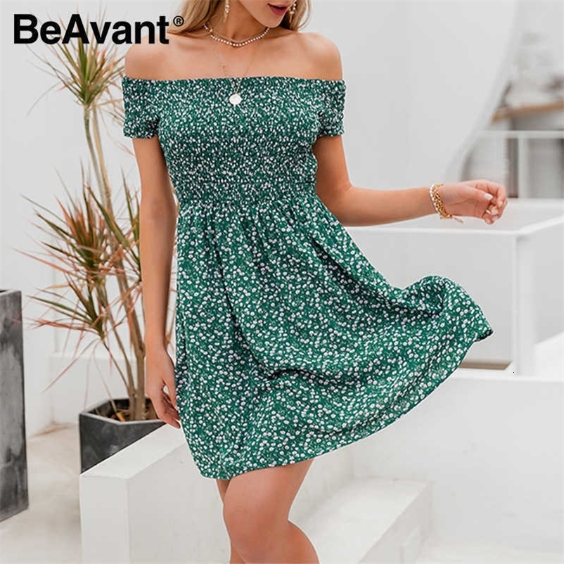 BeAvant Off Shoulder Beach Dress Summer Women Holiday Floral Print Short Dress Casual Female Twist Dresses Retro Vestidos 210709