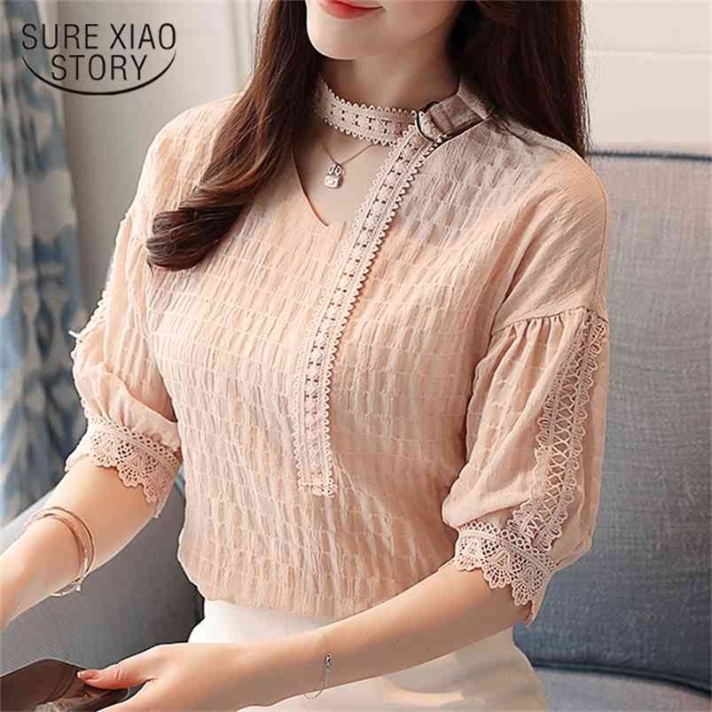 Summer Women Shirts Chiffon Short Sleeve Female Blouses Sweet Fresh Fairy Tops Pink Loose Lace D657 30 210506