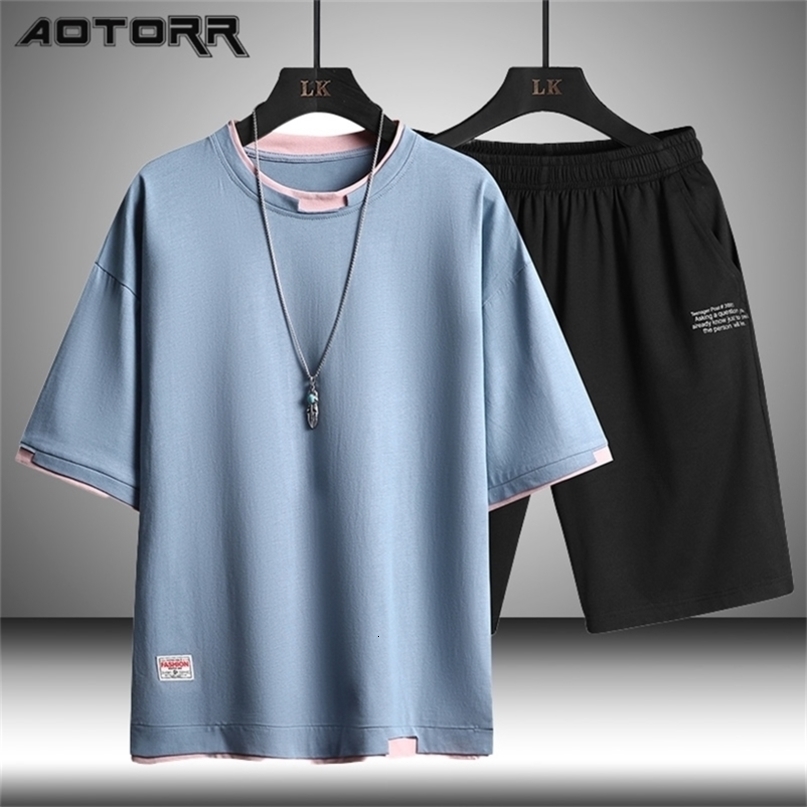 Summer Men Casual Sports Sets Round Neck T-shirt Shorts Solid Color 2 Piece Suit Fashion Sports Breathable Mens Clothes 210806