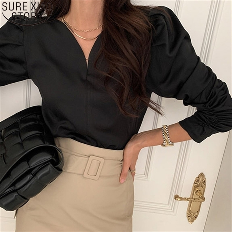 Chic Shirt Black Tops Cotton Blouse Office Lady Puff Sleeve Elegant V-neck Long Blouses Spring Korean Blusas Mujer 12899 210506