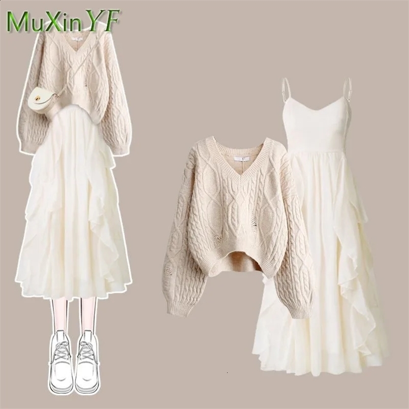Womens Autumn Winter V-neck Broken Knit SweaterStrap Dress Two Piece Korean Elegant in Matching Set Female Clothing 240829