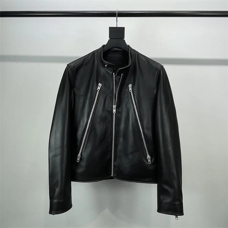 Mens leather jacket short sleeved stand up collar Haining sheepskin jacket autumn and winter leather jacket 240927
