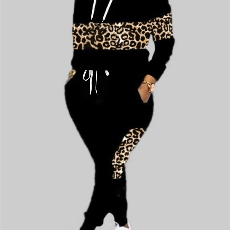 LW Plus Size Autumn Two pieces set long sleeve Hooded Collar Leopard Print Hoodie top pants suit winter casual Tracksuit Set 240810