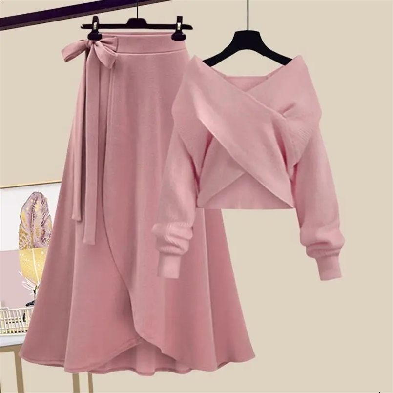 Womens Autumn Winter Loose V-Neck Sweater Skirt 2 Piece Korean Elegant Knit Top Skirt Suit In Matching Set 240829