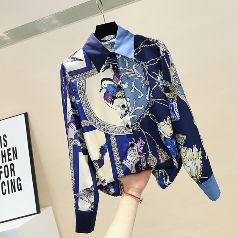 Spring Autumn Women's Printed Shirt Korean Retro Contrast Shirt Female Office Lady Turn-down Collar Long-sleeved Shirt GD488 201028